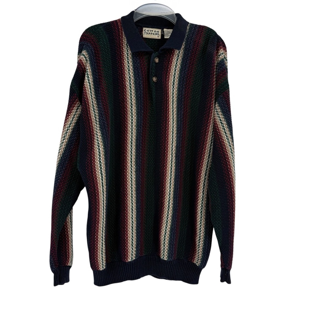 Cotton traders 3D Knit Grandpa Sweater Mens Size L Blue Gold Y2K Vintage